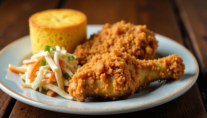 Fototapeta premium Close-up of southern fried chicken with coleslaw and cornbread on wooden table, traditional, southern cuisine, lunch