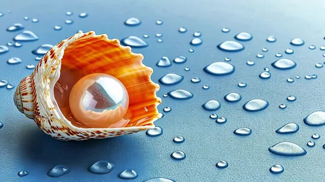 Delicate seashell with a lustrous pearl surrounded by water droplets
