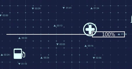 Medical progress animation with house icon and 100% completion on grid background