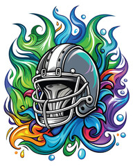 Create a detailed digital painting of a football helmet adorned with intricate, vibrant tribal patterns and markings.  Focus on realistic texture and bold colors.