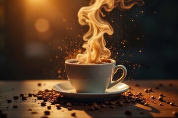 Coffee fluid suspended in air as mist rises, motion, particles, suspension