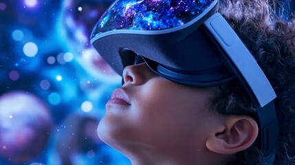 Child Exploring Virtual Reality Cosmos  Space  Galaxy  Adventure