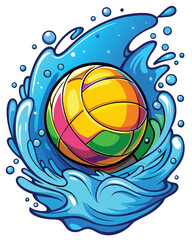 A vibrant, splashing water polo ball bursts through a dynamic wave, creating a dynamic, high-action scene.