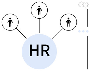Circle labeled HR linked to three individual icons, depicting employee connection, hiring, and management. Ideal for human resources, networking, teamwork, recruitment, staffing organization
