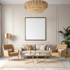 Modern Beige Living Room Interior with Mockup Canvas
