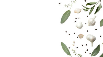 Naklejka premium Fresh herbs and garlic elements arranged artistically on a black background.