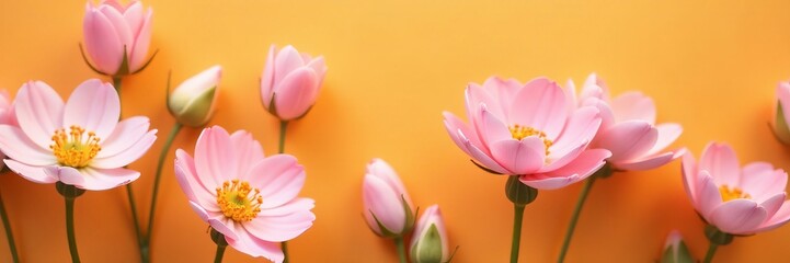 Fototapeta premium Close-up of delicate pastel flowers contrasting with orange backdrop, contrasting, nature, delicate