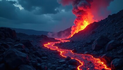 Fototapeta premium Dark lava flows with fiery glow, smoke ascends to the night sky, darkness, volcanic