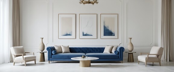 Elegant Blue Velvet Sofa in Luxurious Living Room Interior