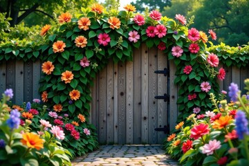 Fototapeta premium Colorful flowers and vines entwined around a wooden gate, flowers, gate, doodle art