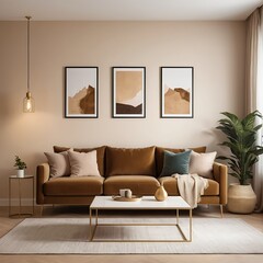 Modern Living Room Interior with Beige Sofa and Gold Accents