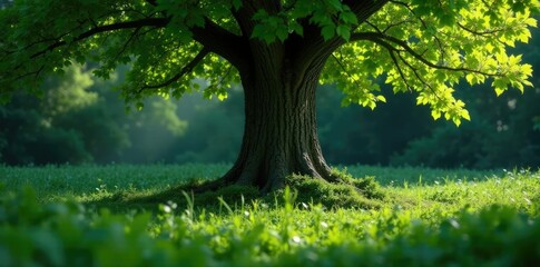 Fototapeta premium Dense foliage surrounds the solitary tree trunk, wooden tree, green surroundings