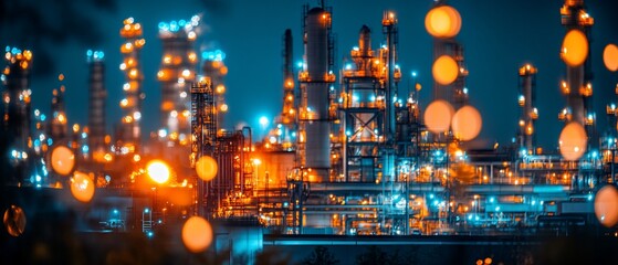 Illuminated refinery at night, showing industrial structures and bright lights.