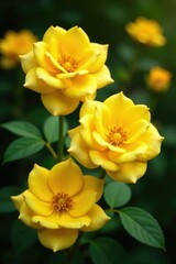 Obraz premium Bright yellow roses in full bloom with delicate petals and golden centers, flowers, nature, sunflower