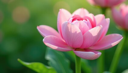 Naklejka premium Pastel pink petals unfolding on a lush green stem, horticulture, floral arrangements, flower stems