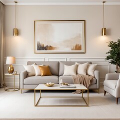Modern Beige Living Room Interior with Gold Accents