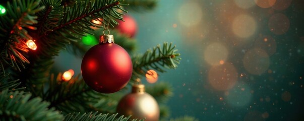 Colorful ornament hanging from Christmas tree branches with red and green lights , branches, lights, holiday decor
