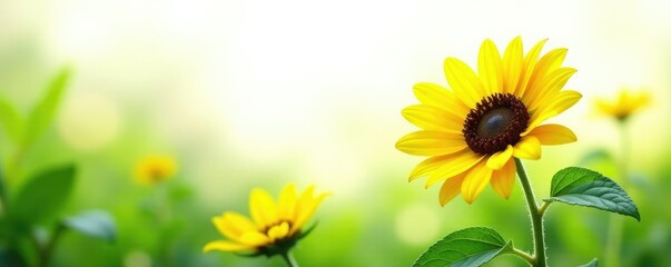 Obraz premium Delicate Sunflower amidst lush green foliage on a soft white background, garden, flowers