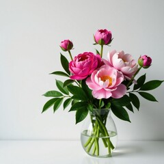 Colorful Peony flowers in a vase, surrounded by green leaves and stems, spring, art, fresh cut