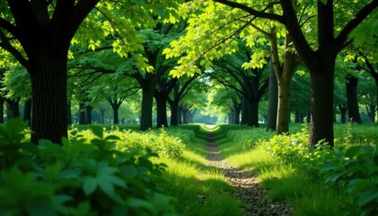 Fototapeta premium Dense foliage of shrubs and small trees forming a natural barrier, branches, woodland