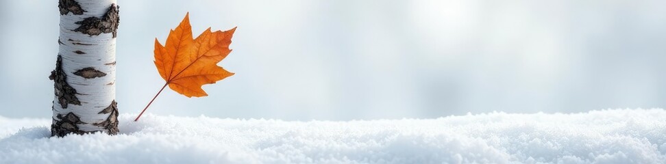 Obraz premium Single birch leaf against a snowy white backdrop, snow, tree leaf, solitary