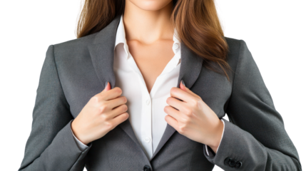 Businesswoman adjusting her grey suit jacket, looking confident and professional.