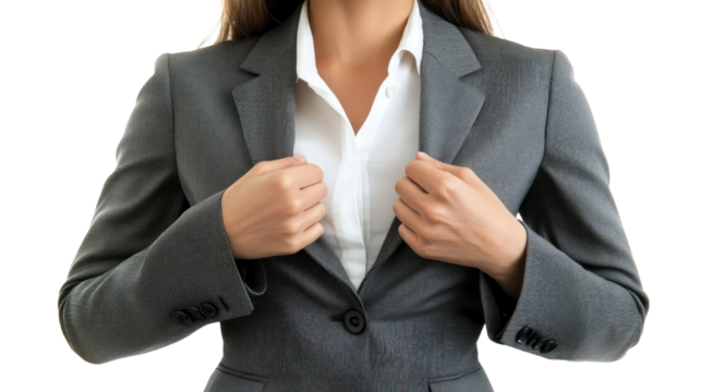 Confident businesswoman adjusting her blazer, isolated on white background.