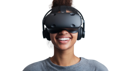 Smiling woman wearing a VR headset, immersed in virtual reality experience, isolated on white background.