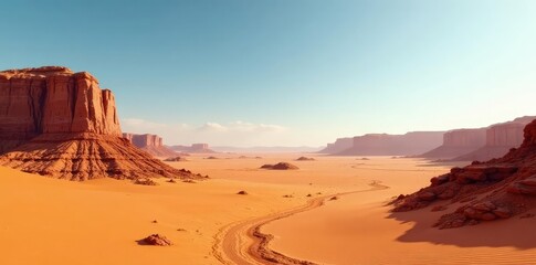Fototapeta premium Desert landscape with sandy dunes and rocky outcrops, geology, orange