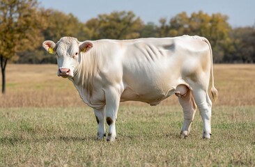 Cream-colored cow standing in a field.