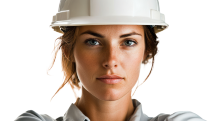 Confident female construction worker wearing a hard hat, showcasing professionalism and determination, isolated on white background.