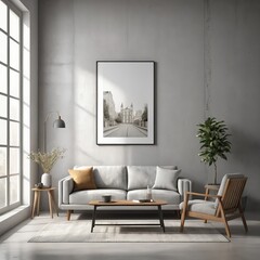 Modern Living Room Interior with Grey Sofa and Artwork