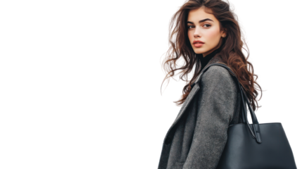 Stylish young woman wearing a gray coat with a black handbag, posing confidently against a white isolated background.