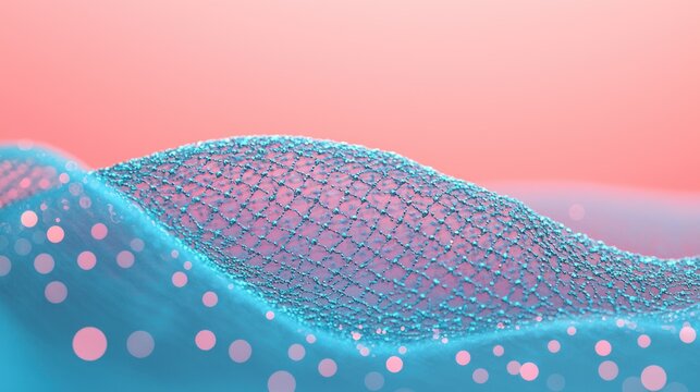 Wavy grid with dots on blue surface and light red background