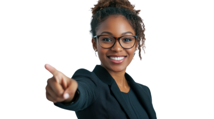 Smiling businesswoman pointing confidently, white isolate background.