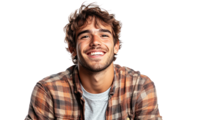 A smiling young man wearing a plaid shirt, exuding a warm and approachable demeanor against a white isolated background.