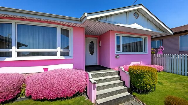 Charming Pink House with Blooming Flowers