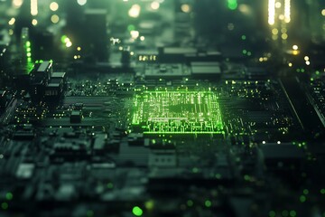 Fototapeta premium Glowing green CPU on a circuit board.