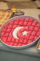 Delicious Turkish dessert display with national colors and symbols