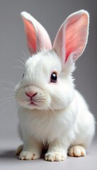 Close-up of fluffy white rabbit with pink ears, cute, animal, domestic