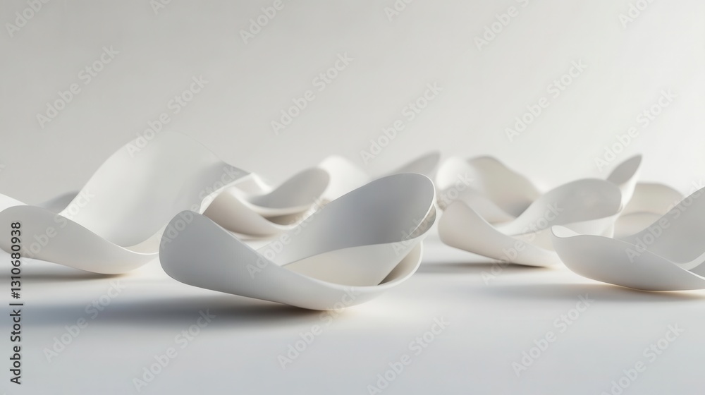 Poster Floating 3D shapes with soft shadows and elegant reflections on a white background showcase futuristic design and minimalist aesthetics