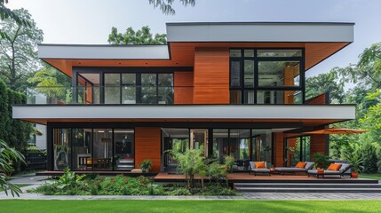 Fototapeta premium Modern two-story house with terrace and garden in a lush setting