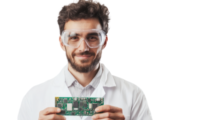 Smiling scientist in lab coat, holding a circuit board, isolated on white background.