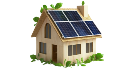 Eco-friendly wooden house with solar panels and green plants, isolated on white background.
