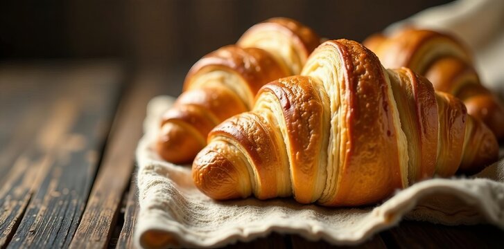 Close-up of freshly baked croissants on rustic fabric, delicious, golden, bakery