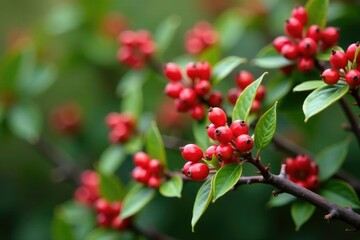 Fototapeta premium Low-growing shrub with thorny branches and red berries, flowering shrubs, garden shrubs