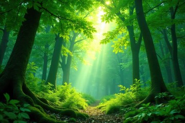 Obraz premium Lush forest canopy with sunlight filtering through leaves and ferns, canopy, sunlight