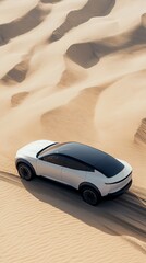 Obraz premium An electric car navigating through desert dunes with wind-blown patterns in the sand