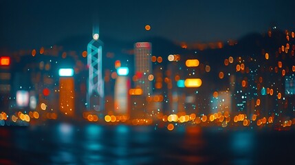 Blurred night cityscape with bright lights reflecting on water.