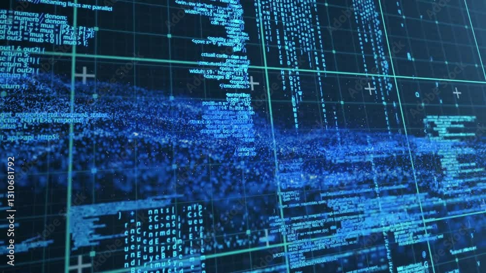 Poster animation of digital data and code flowing across futuristic grid interface